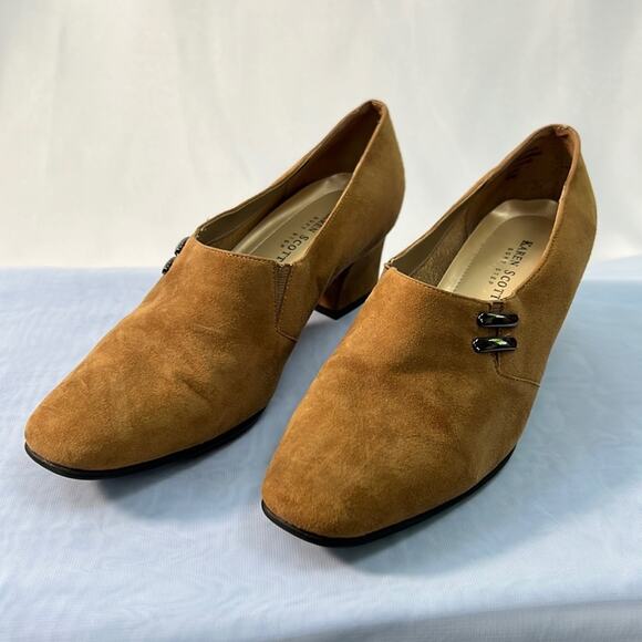 New! Karen Scott Riley brown suede leather slip on heels size 6.5 - Picture 1 of 7